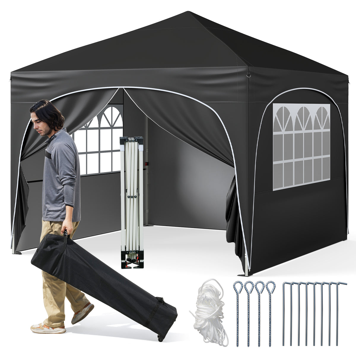 300 x 300 cm Pop up Canopy Tent with 4 Removable Sidewall and Wheeled Bag-Black