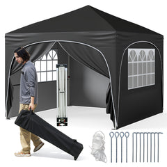 300 x 300 cm Pop up Canopy Tent with 4 Removable Sidewall and Wheeled Bag-Black