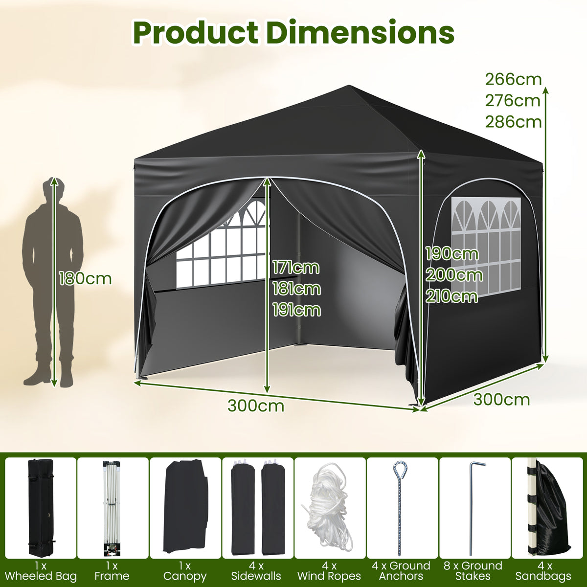 300 x 300 cm Pop up Canopy Tent with 4 Removable Sidewall and Wheeled Bag-Black