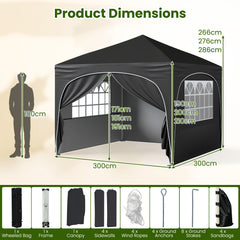 300 x 300 cm Pop up Canopy Tent with 4 Removable Sidewall and Wheeled Bag-Black