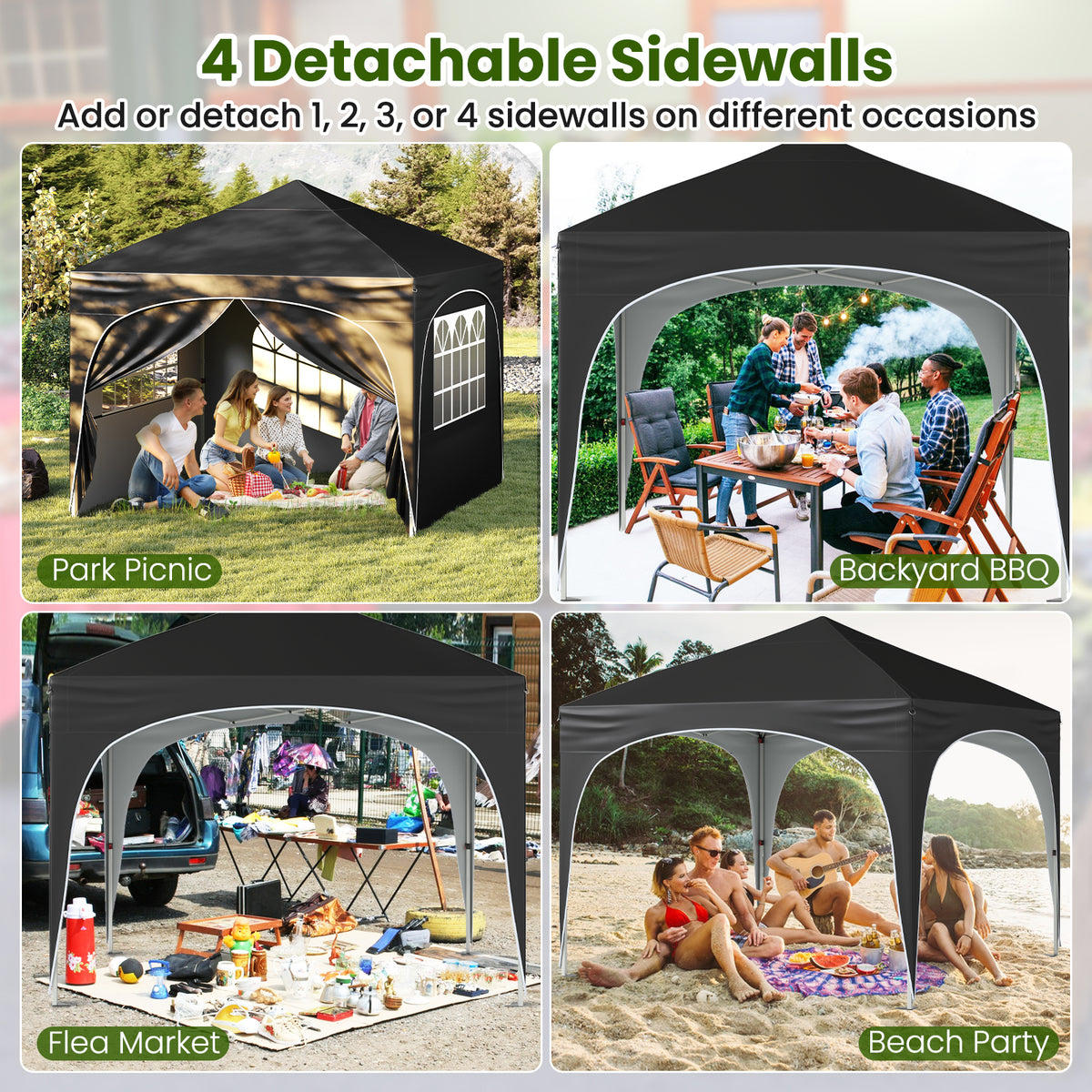 300 x 300 cm Pop up Canopy Tent with 4 Removable Sidewall and Wheeled Bag-Black