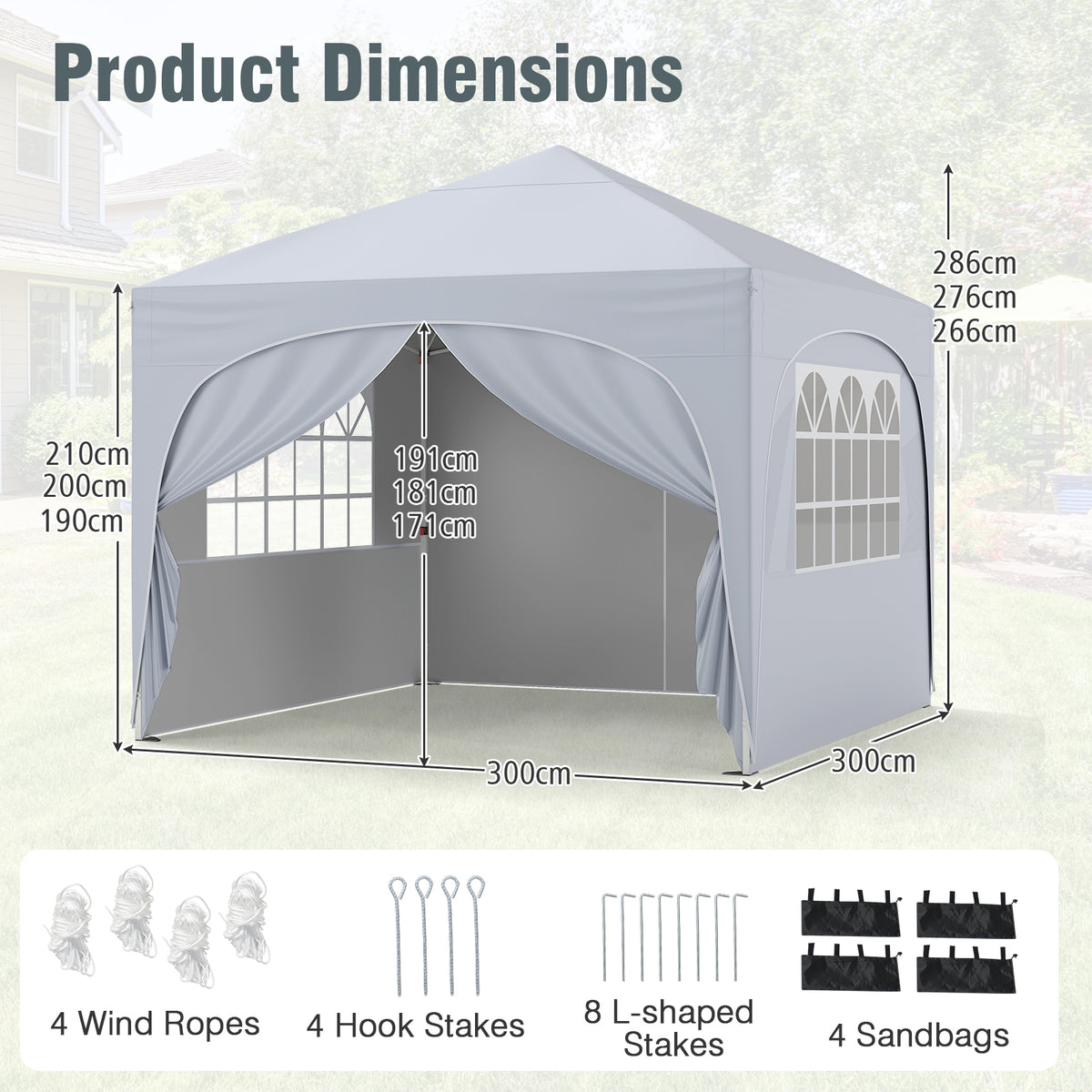 300 x 300 cm Pop up Canopy Tent with 4 Removable Sidewall and Wheeled Bag-White
