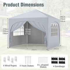 300 x 300 cm Pop up Canopy Tent with 4 Removable Sidewall and Wheeled Bag-White