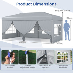 300 x 600 cm Pop up Canopy Tent with 6 Sidewalls and Wheeled Bag-Grey