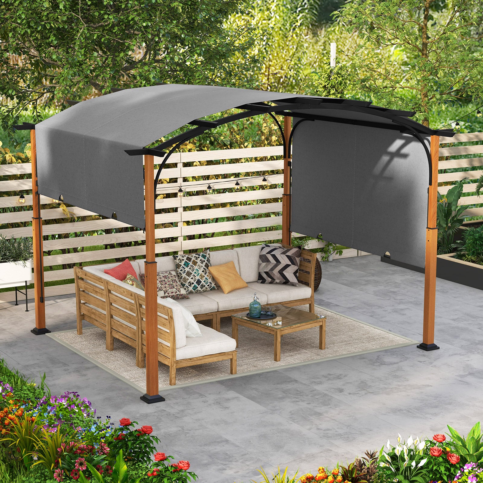 300 x 360 cm Retractable Pergola Arched Patio Pergola with Sun Shade Canopy-Grey