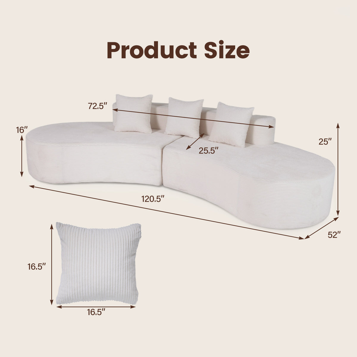 305.5 CM Curved Sectional Sofa Oversized Sofa Couch with 3 Comfy Pillows-White