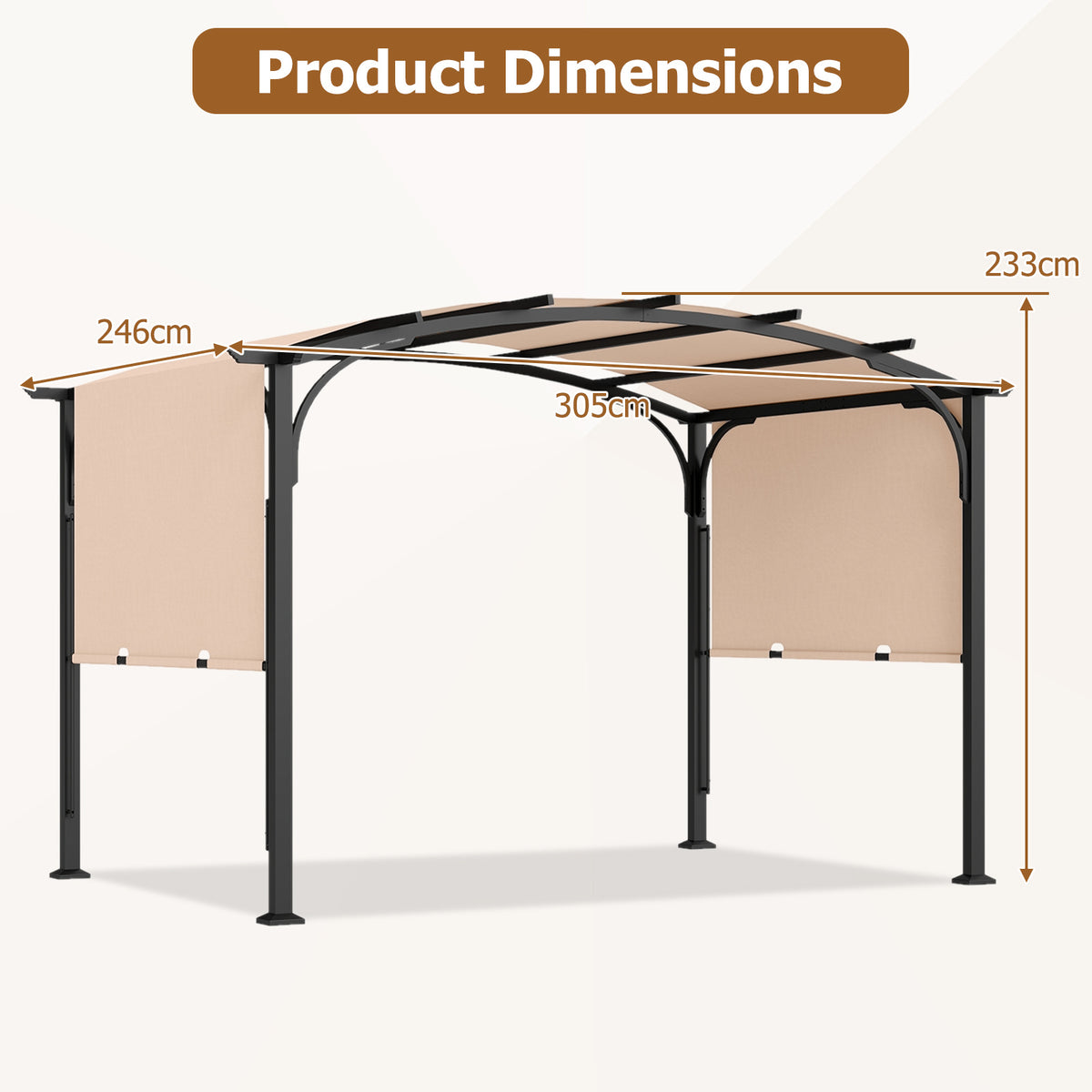 305 x 242 cm Outdoor Retractable Pergola with Metal Frame and Polyester Fabric-Beige