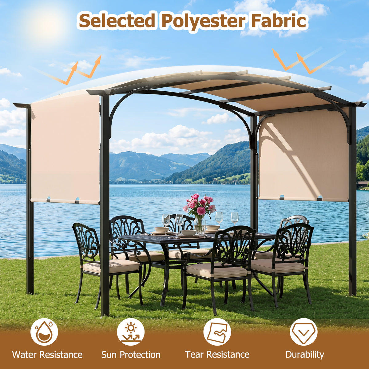305 x 242 cm Outdoor Retractable Pergola with Metal Frame and Polyester Fabric-Beige