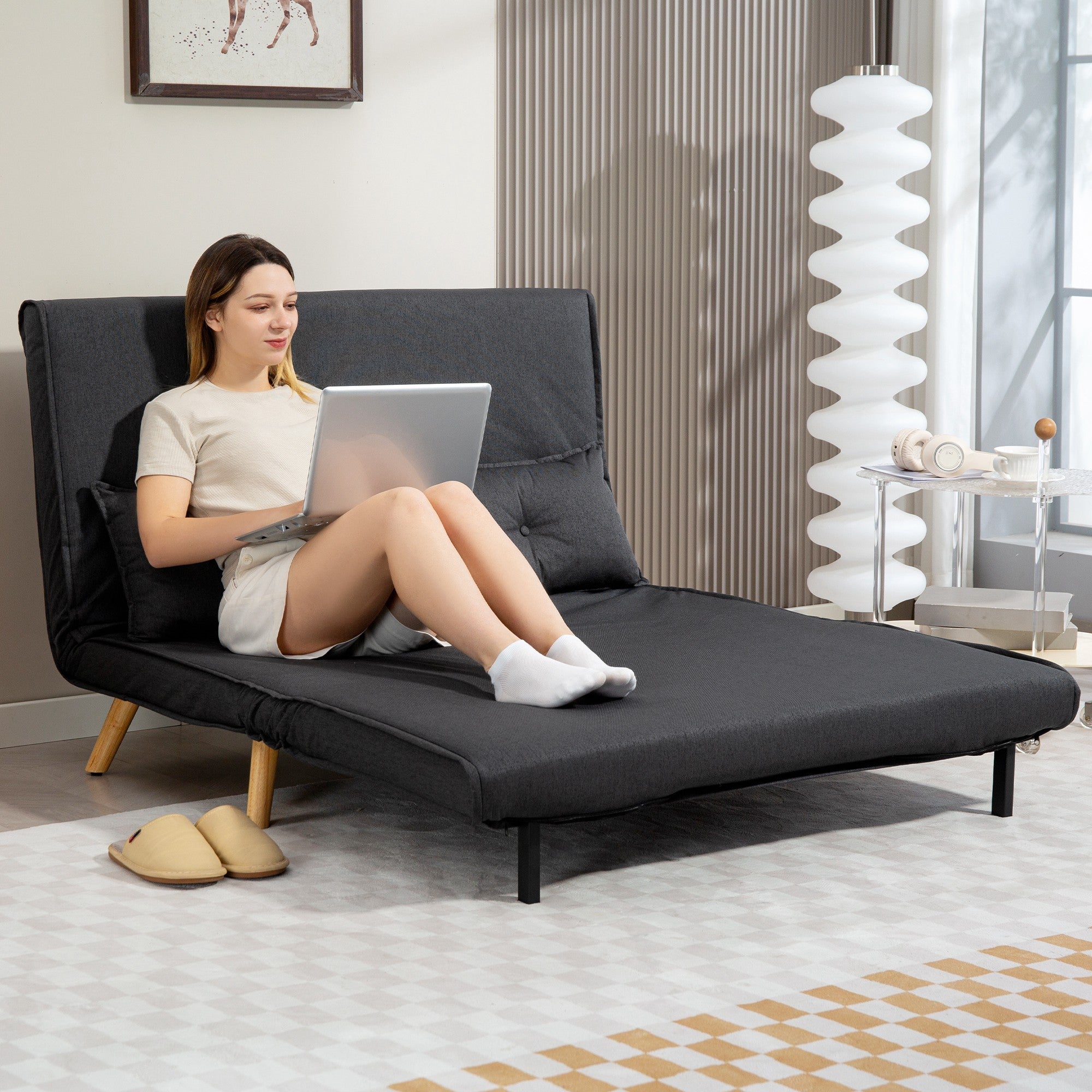 HOMCOM Two-Seater Linen-Look Sofa Bed - Charcoal Grey