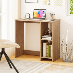 The office desk set up in a bright room with a chair and office supplies