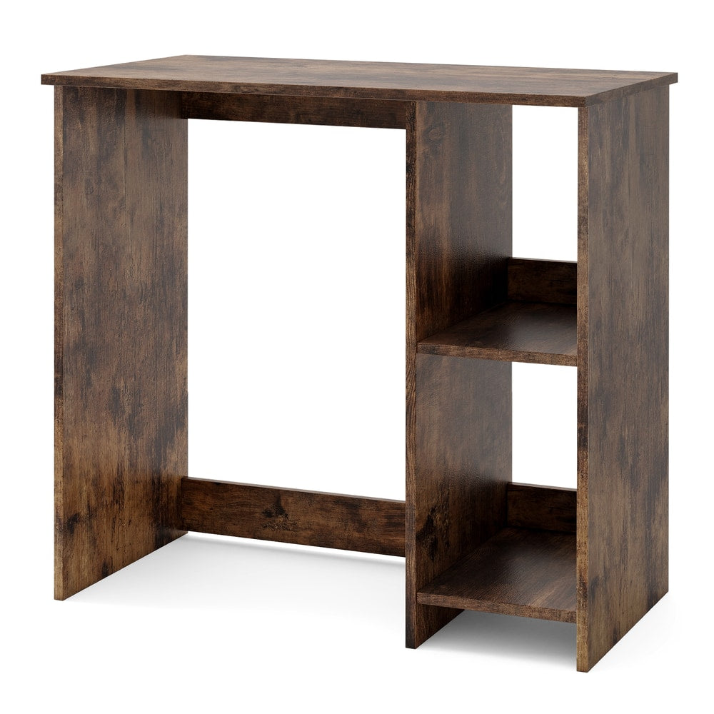 A rustic brown home office desk with integrated shelving unit