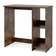 A rustic brown home office desk with integrated shelving unit