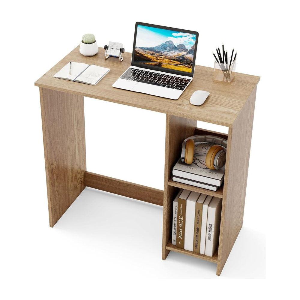 31.5 Inch Home Office Desk for Small Space with a laptop and books on the surface