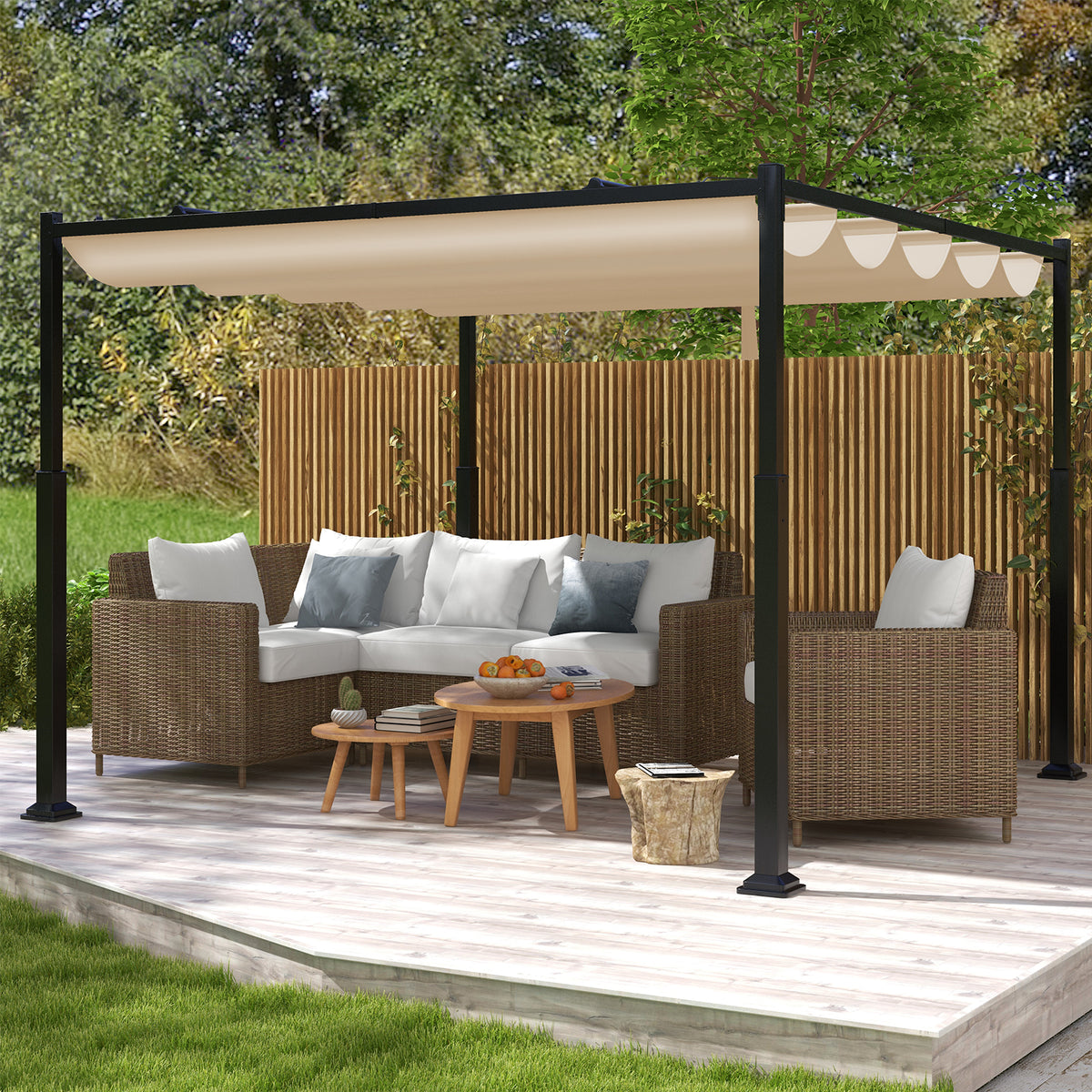 310 x 310 cm Outdoor Pergola with Retractable Canopy-Beige