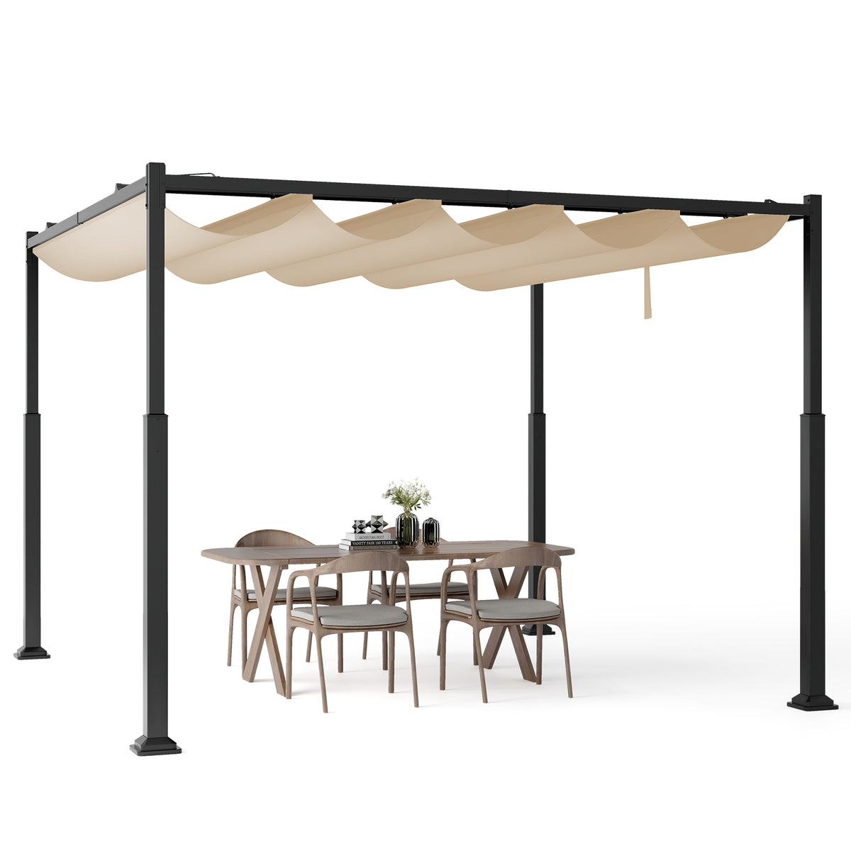 310 x 310 cm Outdoor Pergola with Retractable Canopy-Beige