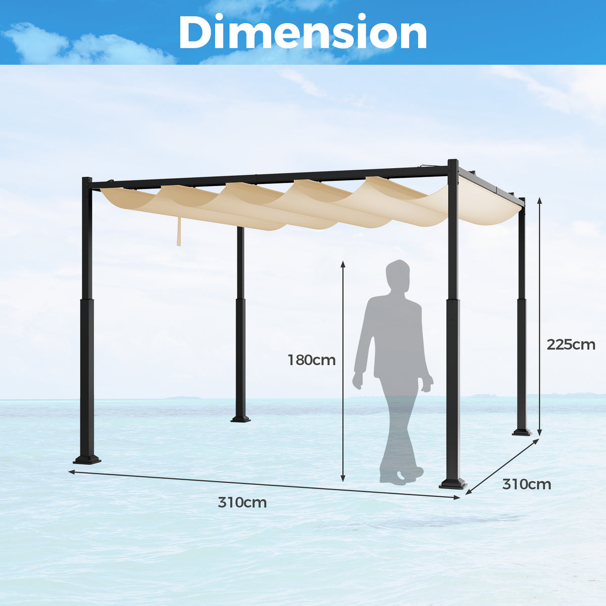 310 x 310 cm Outdoor Pergola with Retractable Canopy-Beige