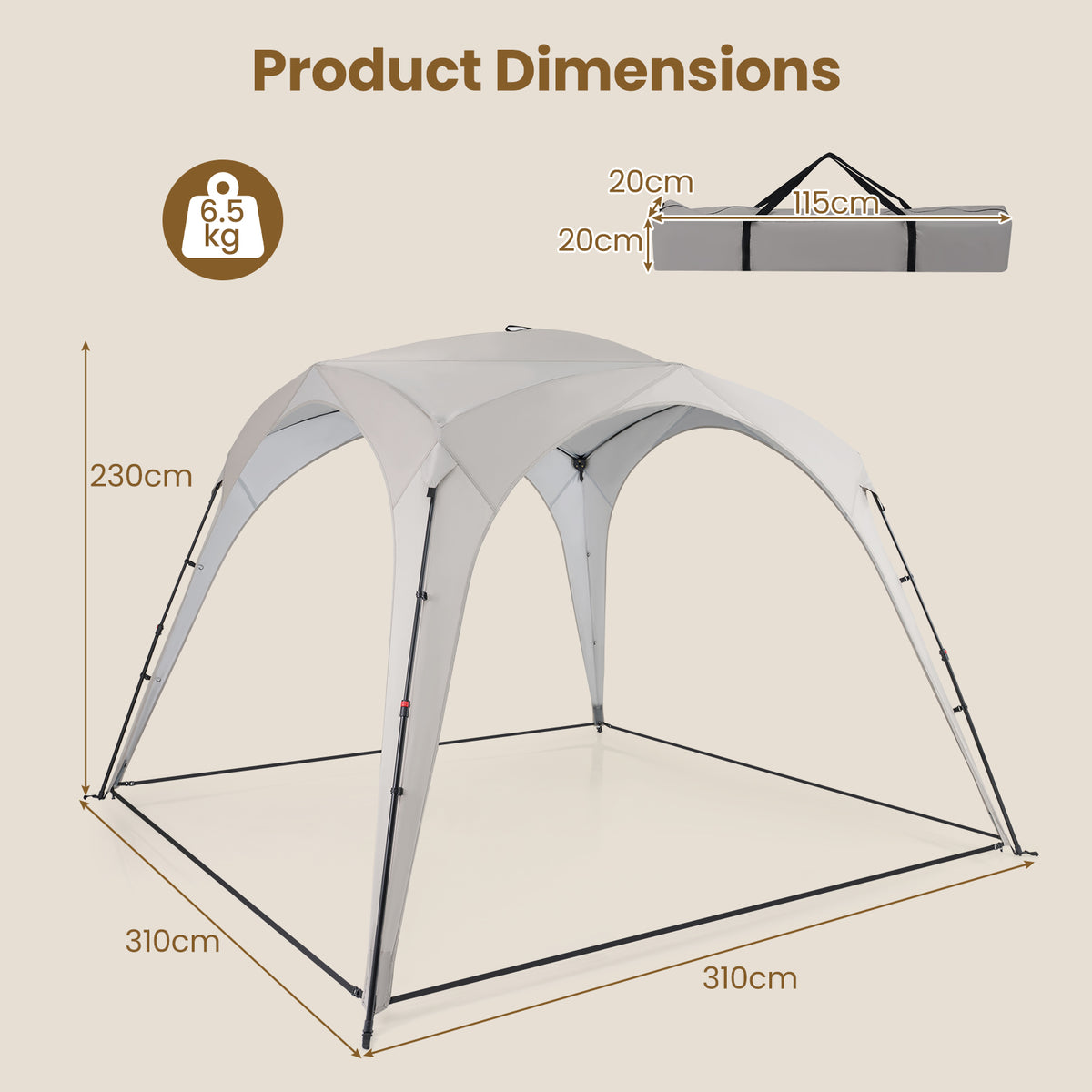 310 x 310 cm Pop up Camping Tent with Silver-coated Oxford Fabric-Beige