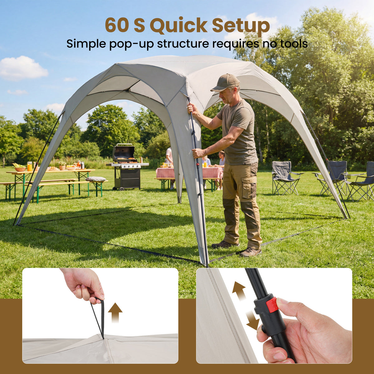 310 x 310 cm Pop up Camping Tent with Silver-coated Oxford Fabric-Beige