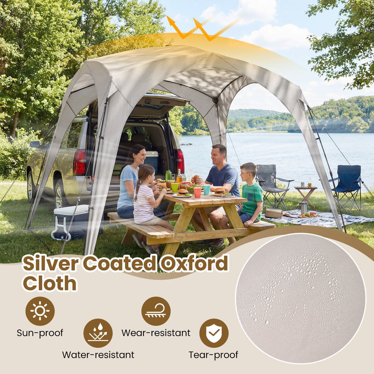 310 x 310 cm Pop up Camping Tent with Silver-coated Oxford Fabric-Beige