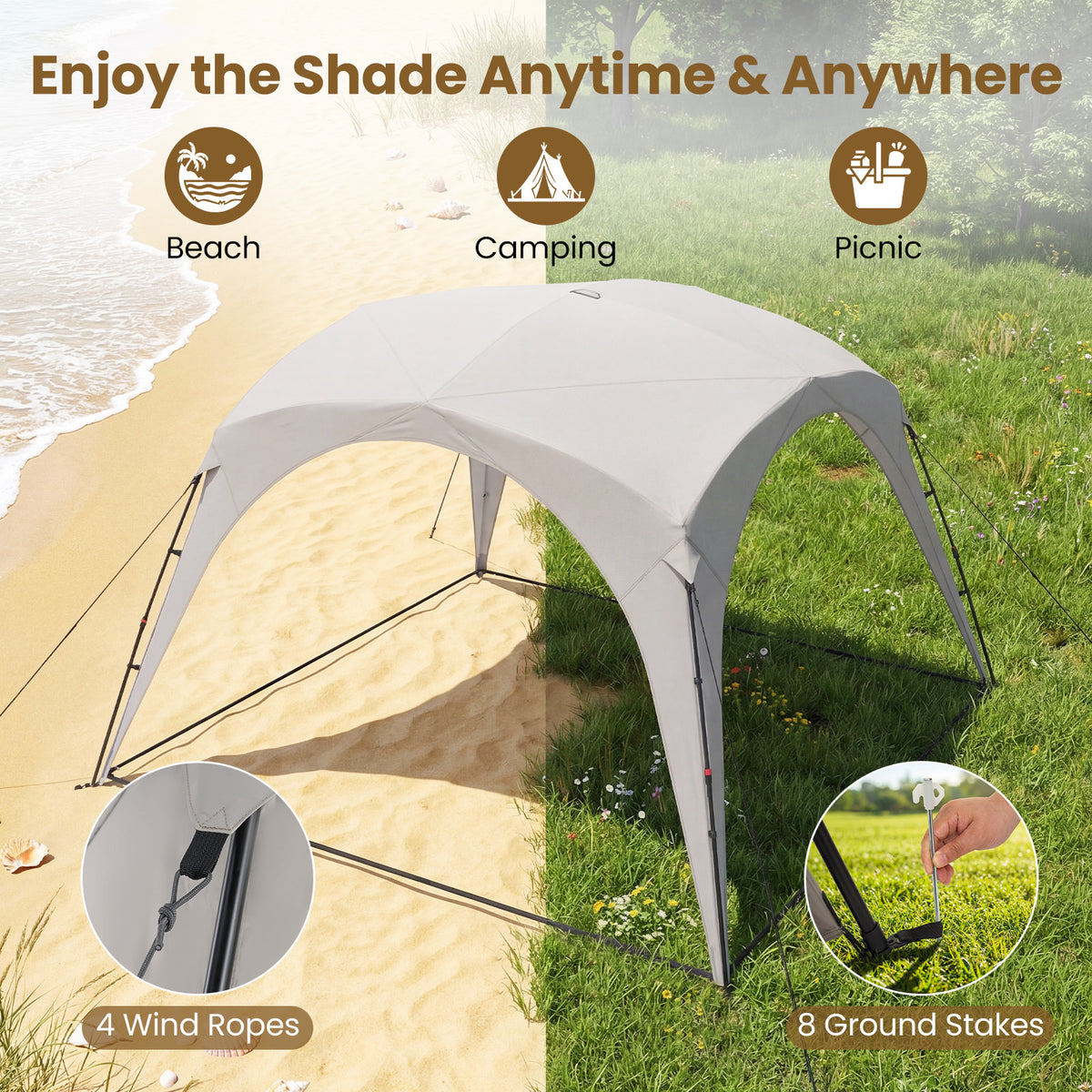 310 x 310 cm Pop up Camping Tent with Silver-coated Oxford Fabric-Beige