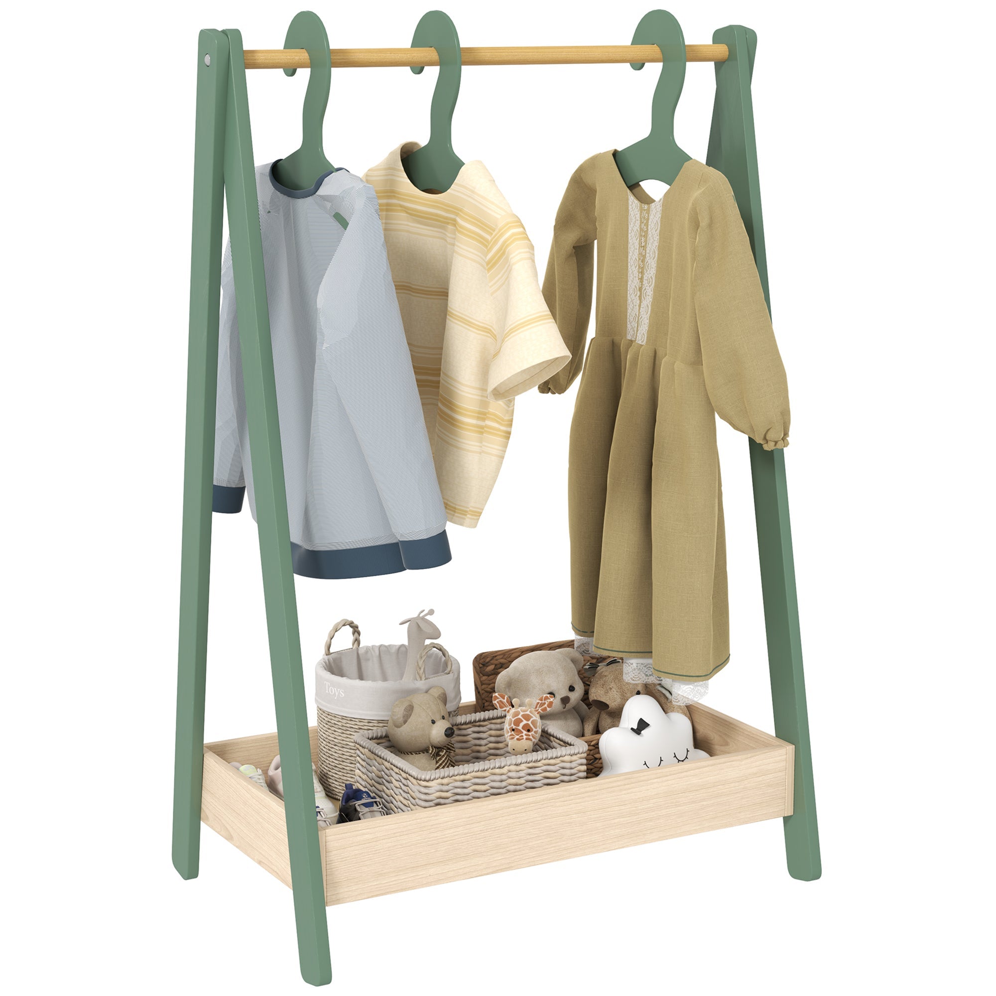 AIYAPLAY Kids Clothes Rail with 3Hangers, Bottom Storage Shelf for Girls, Boys, Nursery, Bedroom, Green
