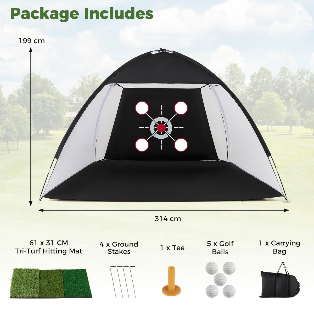 314 x 199 CM Golf Practice Net with Foldable Tri-Turf Mat