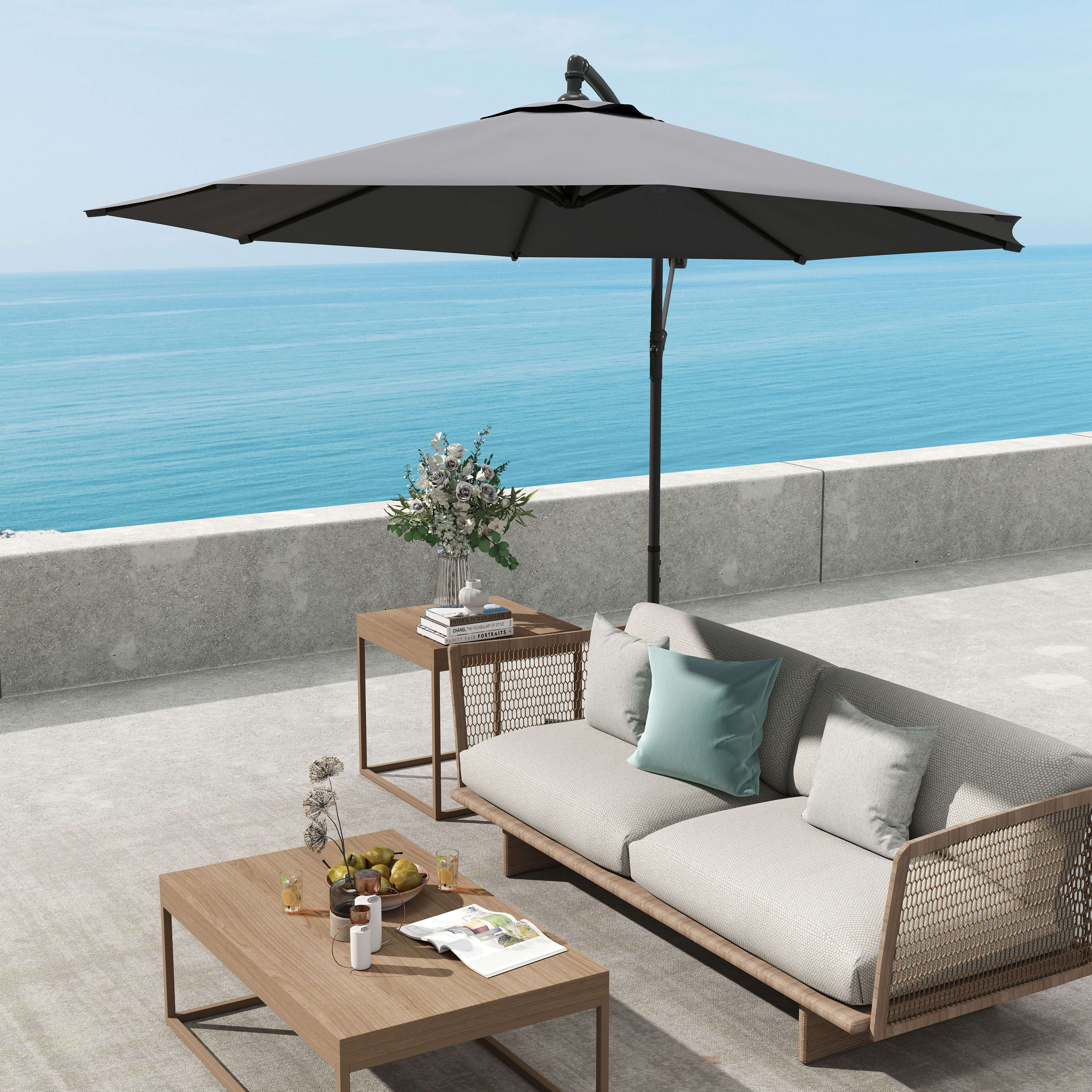 Outsunny 3(m) Garden Parasol Sun Shade Patio Banana Hanging Umbrella Cantilever with Crank Handle and Cross Base Grey