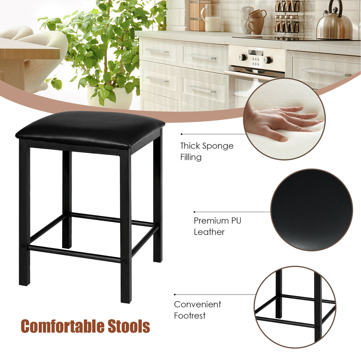 3 Piece Dining Table Set with 2 Faux Leather Backless Stools-White