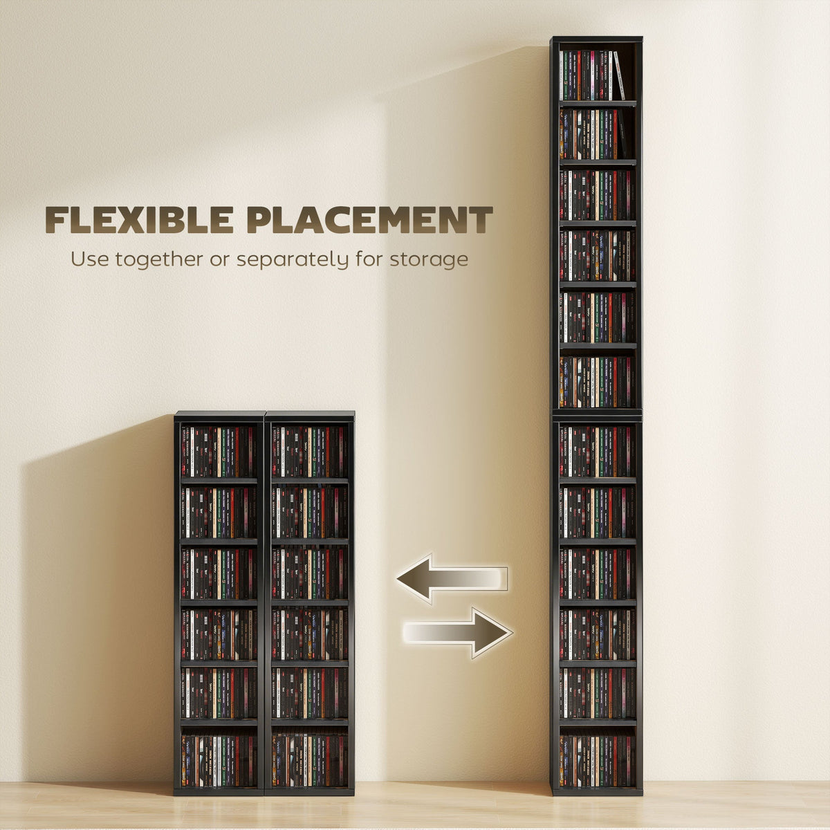 HOMCOM Set of 2 CD Media Display Shelf Unit Tower Rack with Adjustable Shelves, High Gloss Black