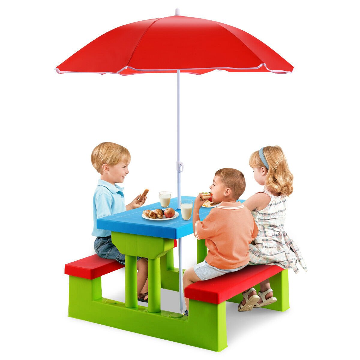 Kids Picnic Play Table Set with Removable Umbrella-Red