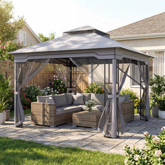330 X 330 CM Double Roof Soft Top Patio Gazebo with Zippered Mesh Netting-Gray