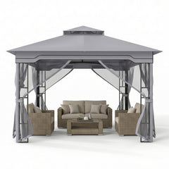 330 X 330 CM Double Roof Soft Top Patio Gazebo with Zippered Mesh Netting-Gray