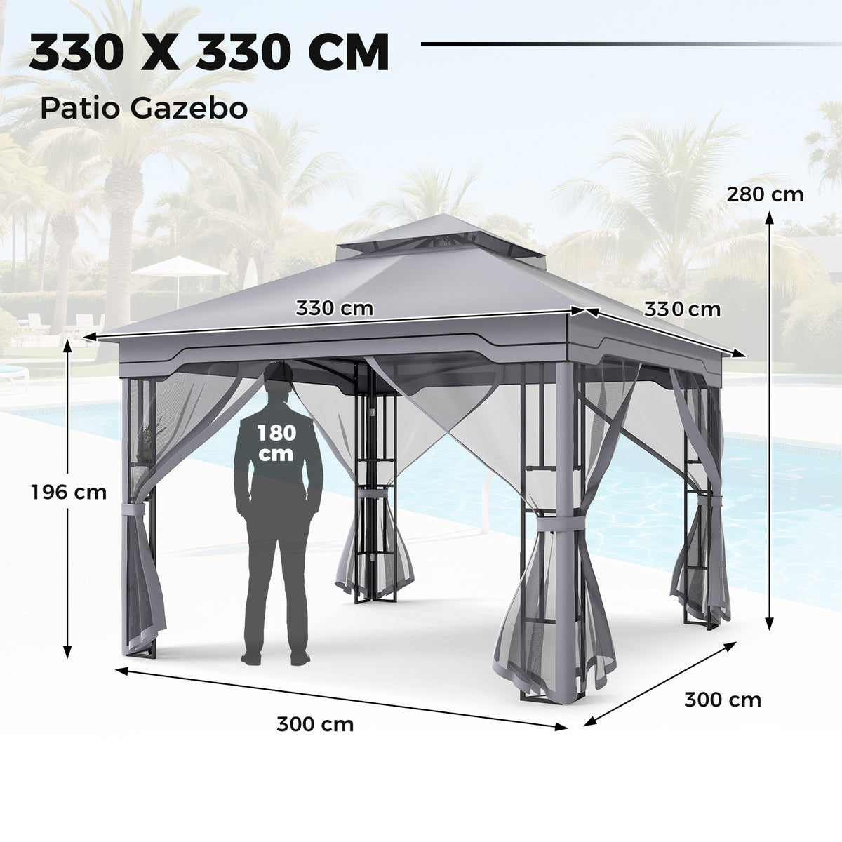 330 X 330 CM Double Roof Soft Top Patio Gazebo with Zippered Mesh Netting-Gray
