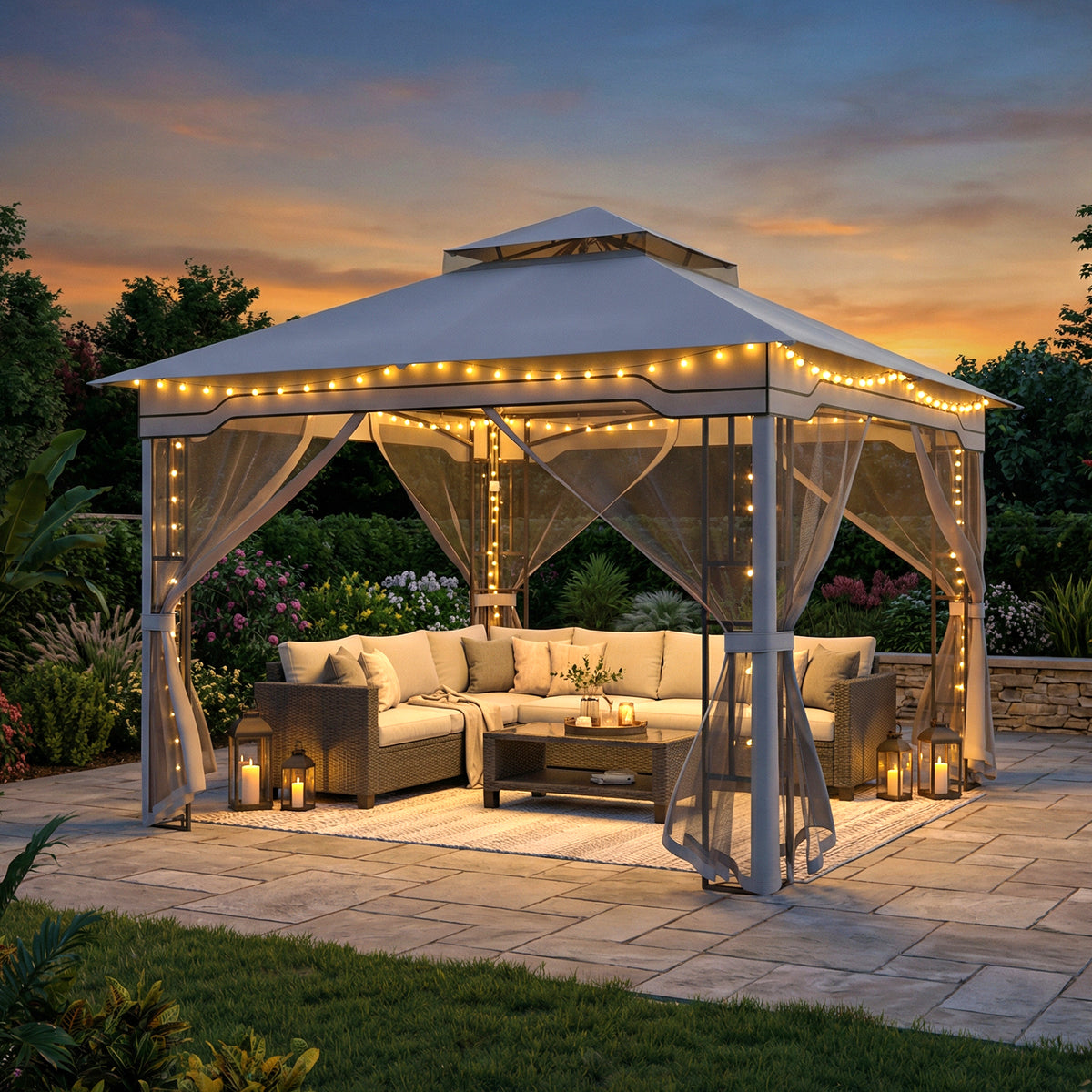 330 X 330 CM Double Roof Soft Top Patio Gazebo with Zippered Mesh Netting-Gray