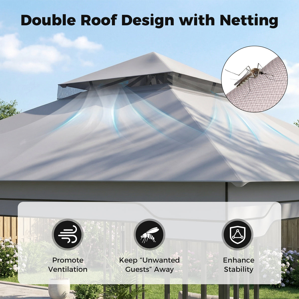 330 X 330 CM Double Roof Soft Top Patio Gazebo with Zippered Mesh Netting-Gray