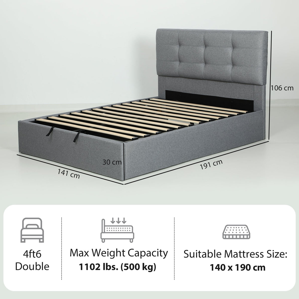 HOMCOM 4ft6 Double Ottoman Bed with Gas Lift Storage - Grey