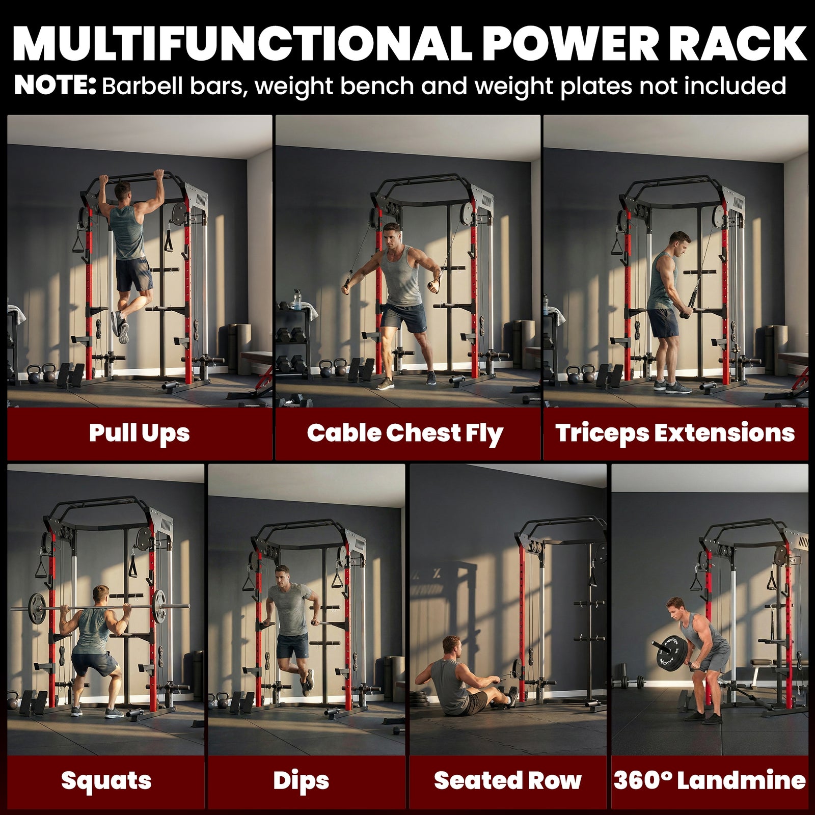 SPORTNOW Power Cage, Power Rack with Adjustable Cable Pulley System, Pull-Up Bar, Dip Station, Landmine