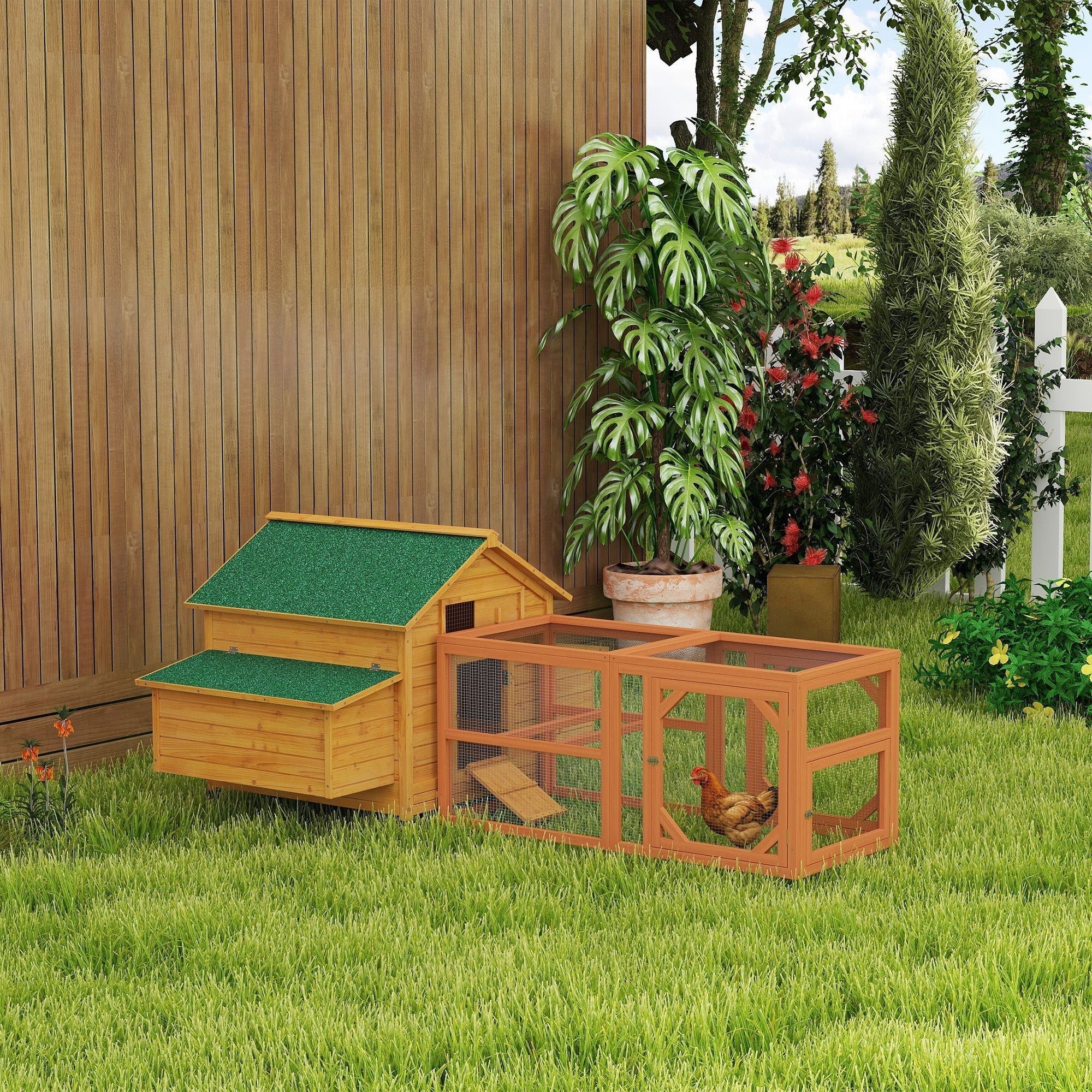 PawHut 2 Piece Wooden Chicken Coop and Run Set, Poultry Run Cage with Nesting Box, Slide-Out Tray, for 4-8 Chickens, Yellow