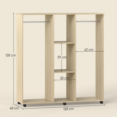 HOMCOM Open Wardrobe Double Mobile Storage Shelves Organizer W/6 Wheels-Natural