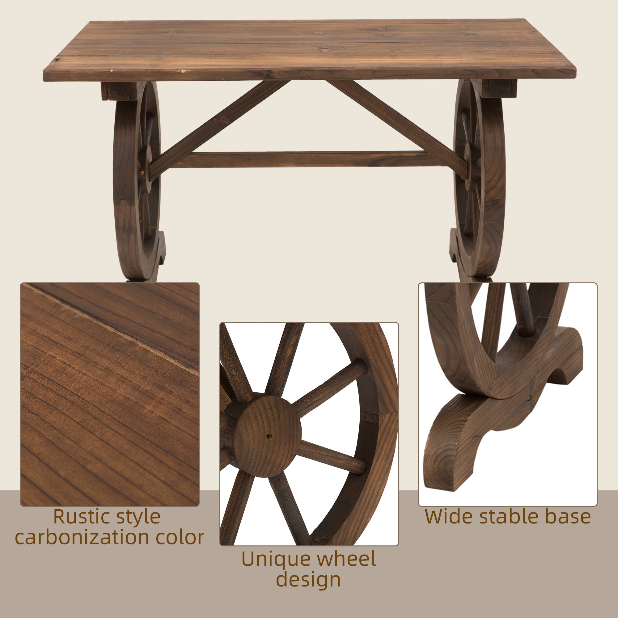 Outsunny Wooden Garden Dining Table, Wagon Wheel Outdoor Coffee Table with 3 cm Wood Top for Patio, Balcony, Terrace, 110 x 60 x 65 cm, Carbonised Finish