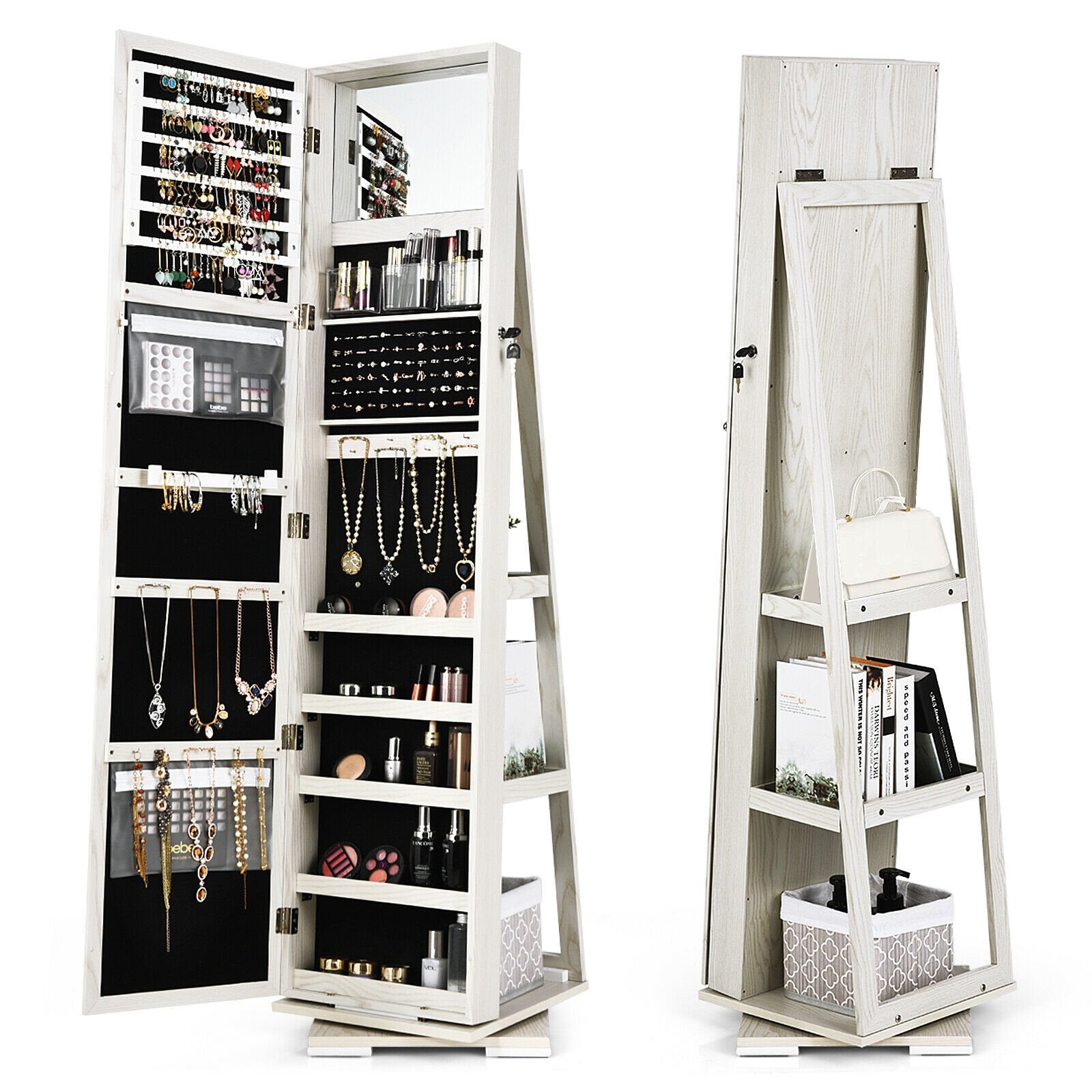 Full Length Mirrored Jewellery Cabinet Rotates 360¬∞ with Open Display Shelves-White