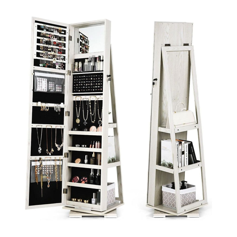 Full Length Mirrored Jewellery Cabinet Rotates 360° with Open Display Shelves-White