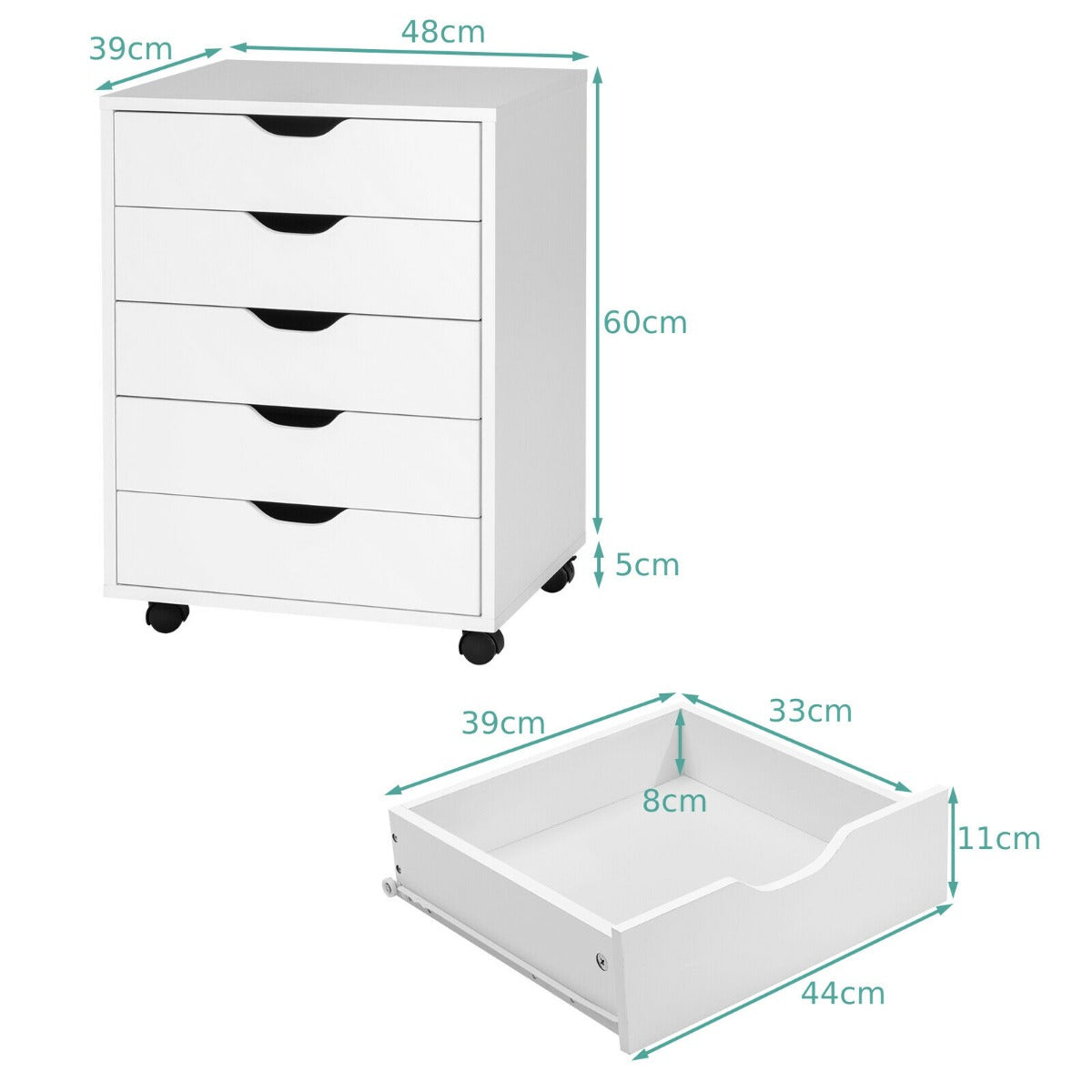5 Drawer Chest with Wheels for Home and Office-White