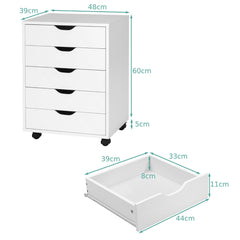 5 Drawer Chest with Wheels for Home and Office-White