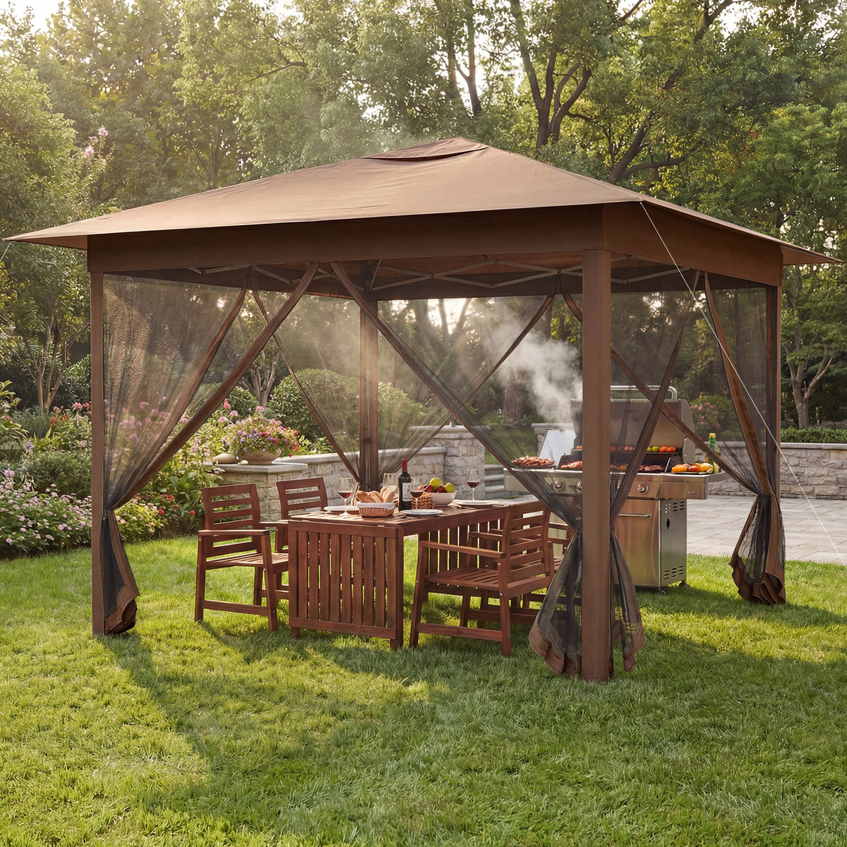 350 X 350 cm Easy Pop-up Canopy with Mesh Screen Netting and Carry Bag-Brown