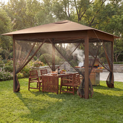 350 X 350 cm Easy Pop-up Canopy with Mesh Screen Netting and Carry Bag-Brown