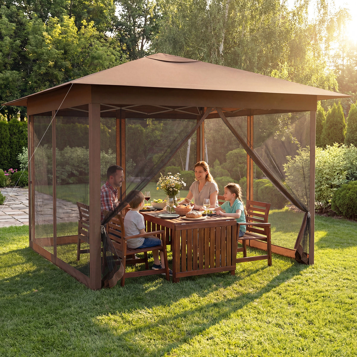 350 X 350 cm Easy Pop-up Canopy with Mesh Screen Netting and Carry Bag-Brown