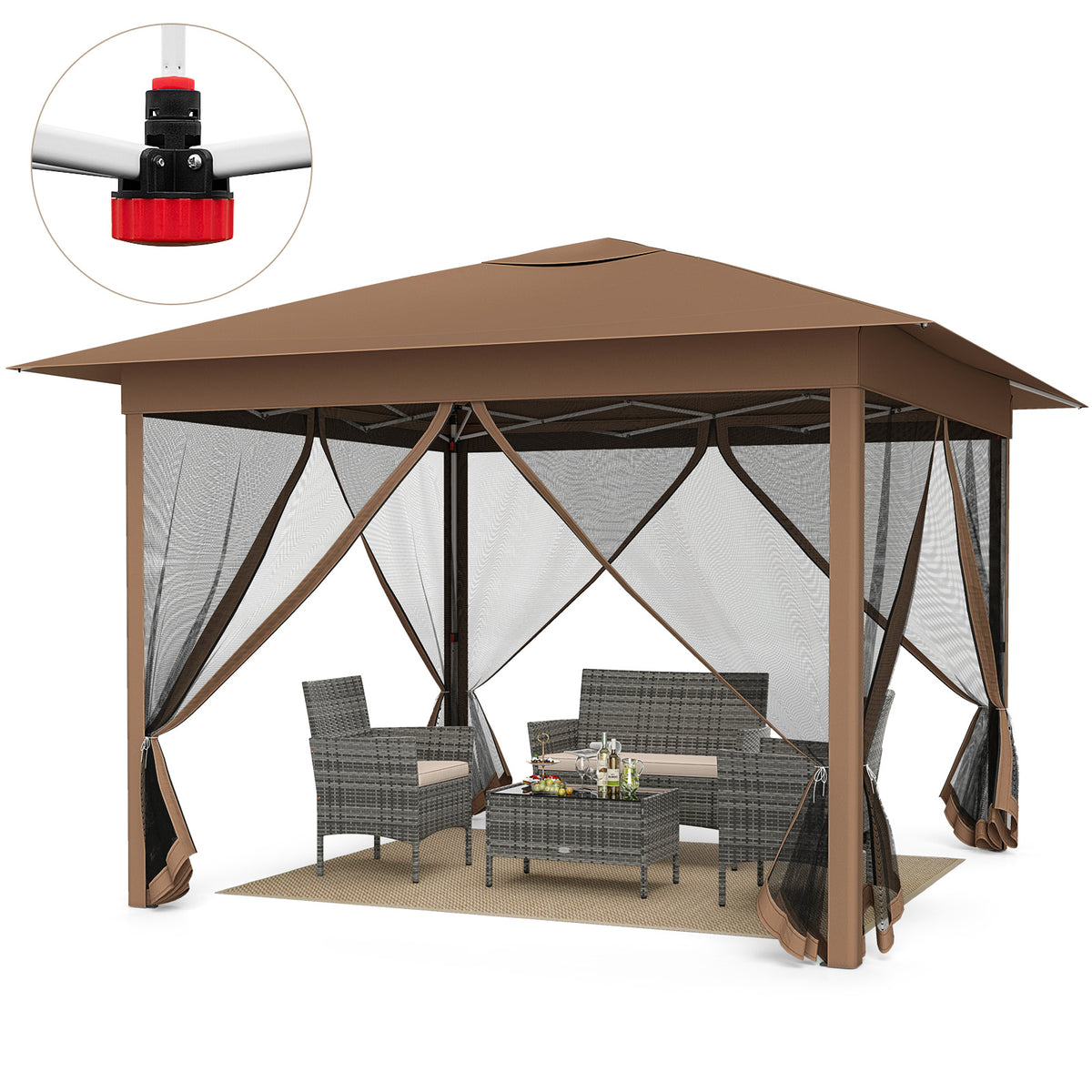 350 X 350 cm Easy Pop-up Canopy with Mesh Screen Netting and Carry Bag-Brown