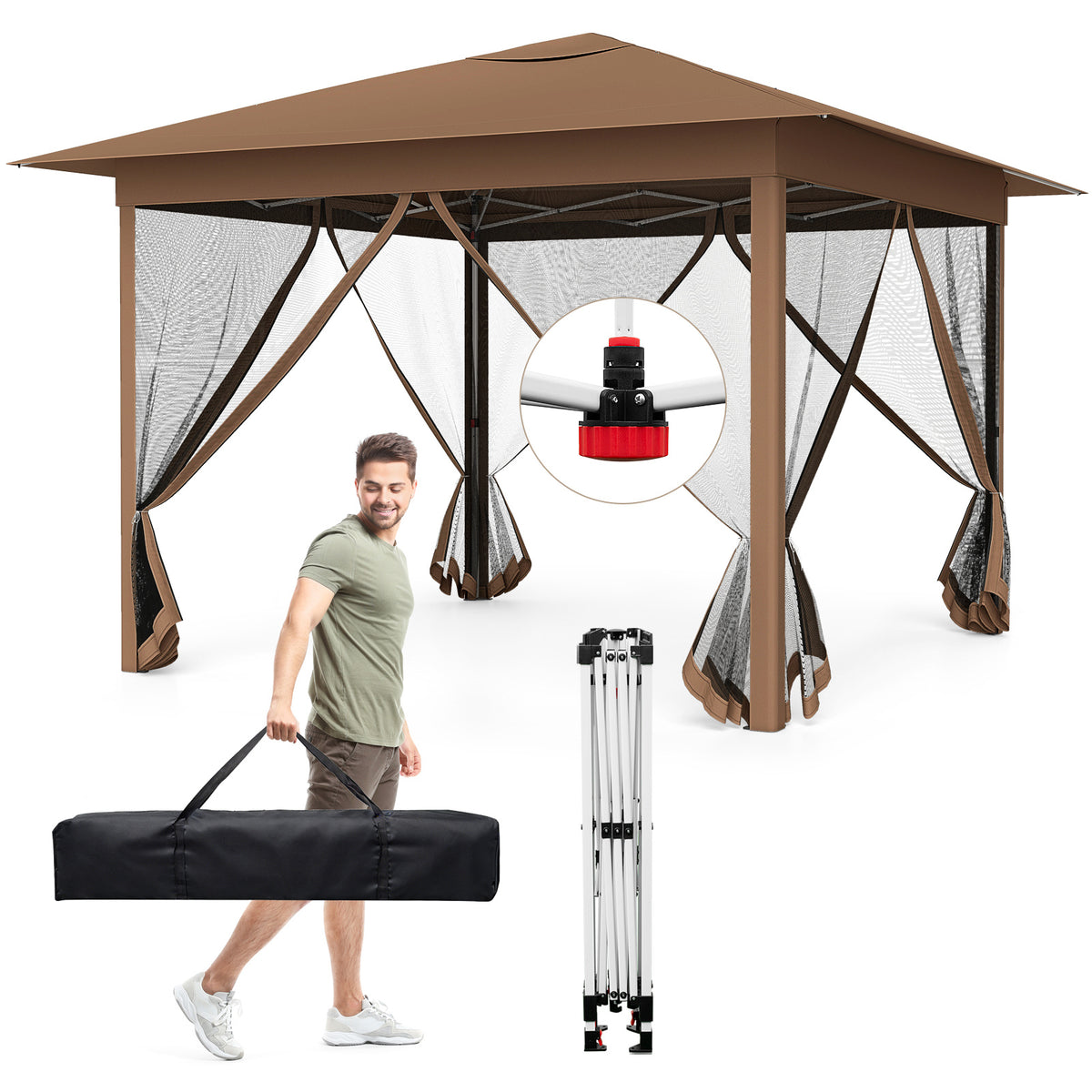 350 X 350 cm Easy Pop-up Canopy with Mesh Screen Netting and Carry Bag-Brown