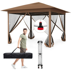 350 X 350 cm Easy Pop-up Canopy with Mesh Screen Netting and Carry Bag-Brown
